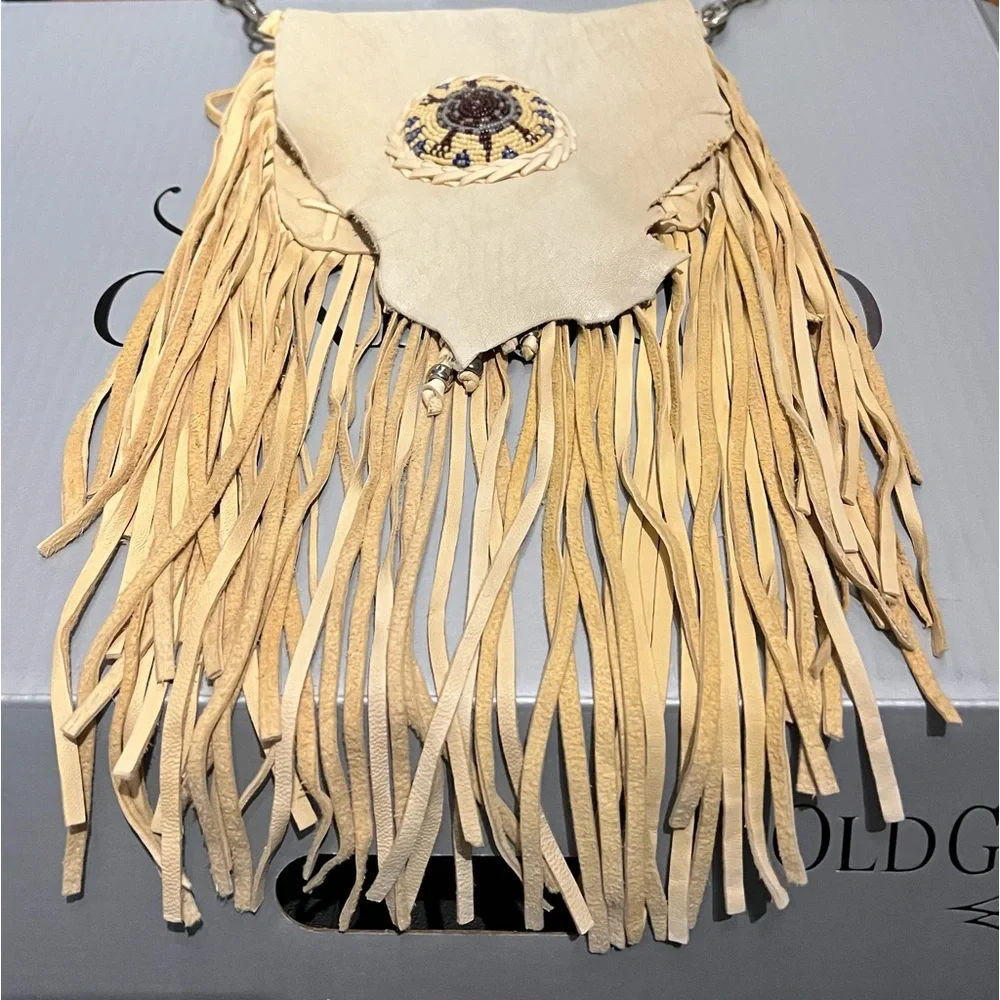 Buttery soft deerskin handmade Native American beaded fringe crossbody bag EUC_3